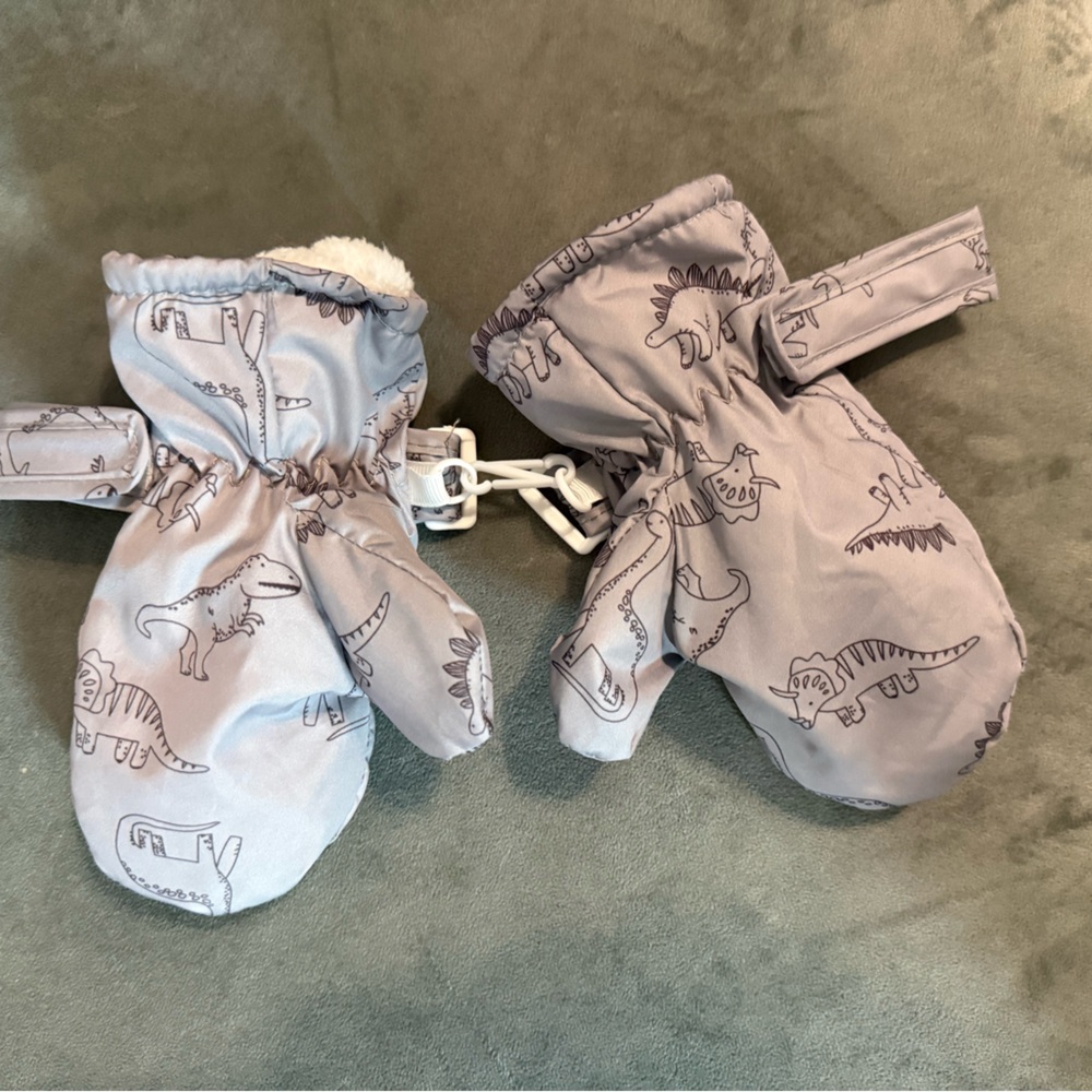 Gray Dinosaur Print Mittens